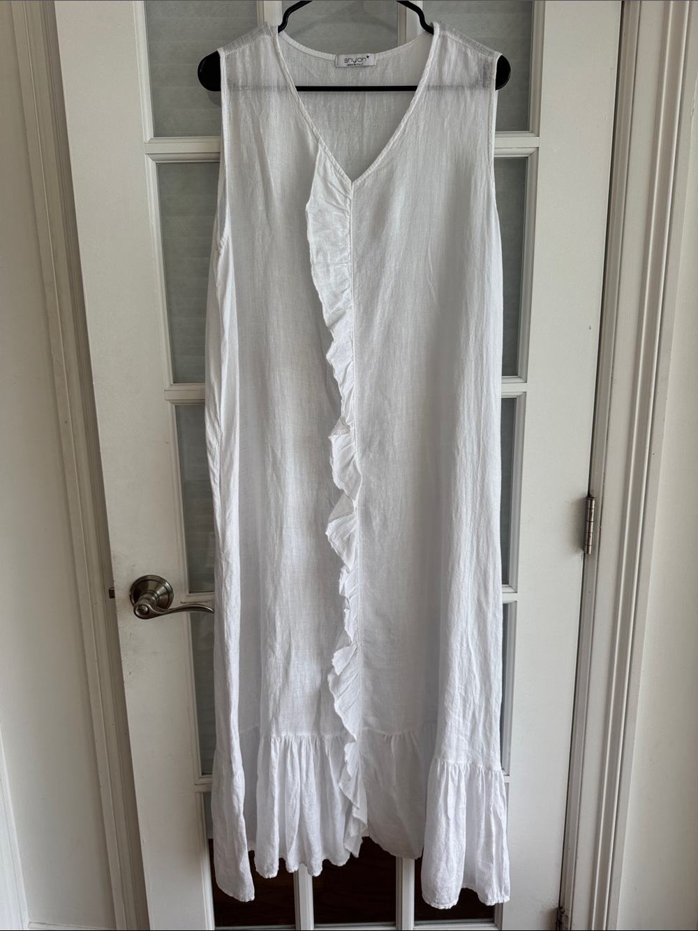Shiloh Sleeveless White Maxi Dress with Front Ruffle Made in Italy 100% Linen